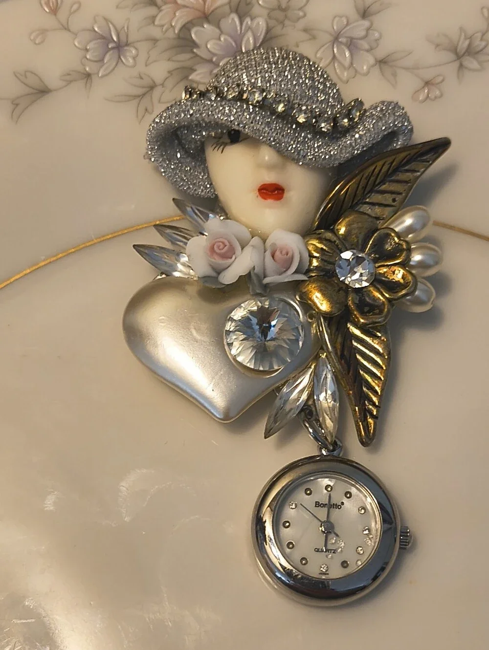 Vtg 80s Art Deco Silver Tone Lady Bonetto Watch Brooch Multicolor W/ Rhinestones